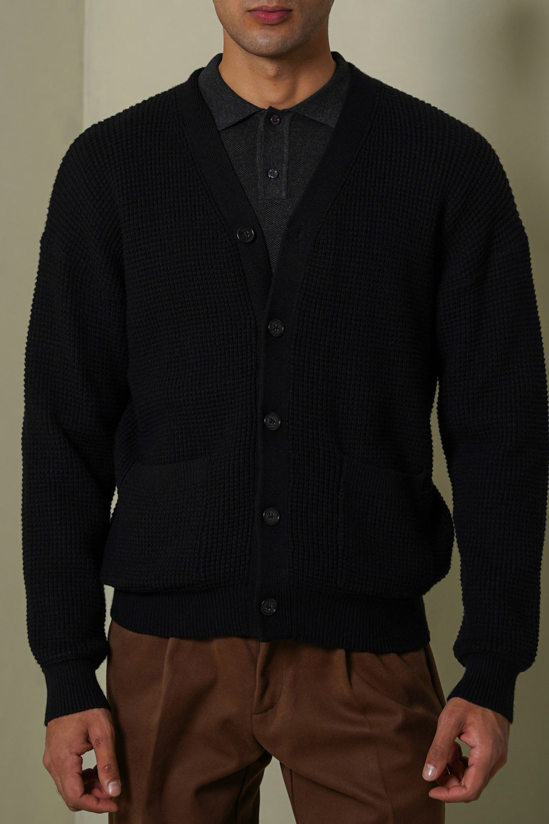BLACK WAFFLE KNIT CARDIGAN