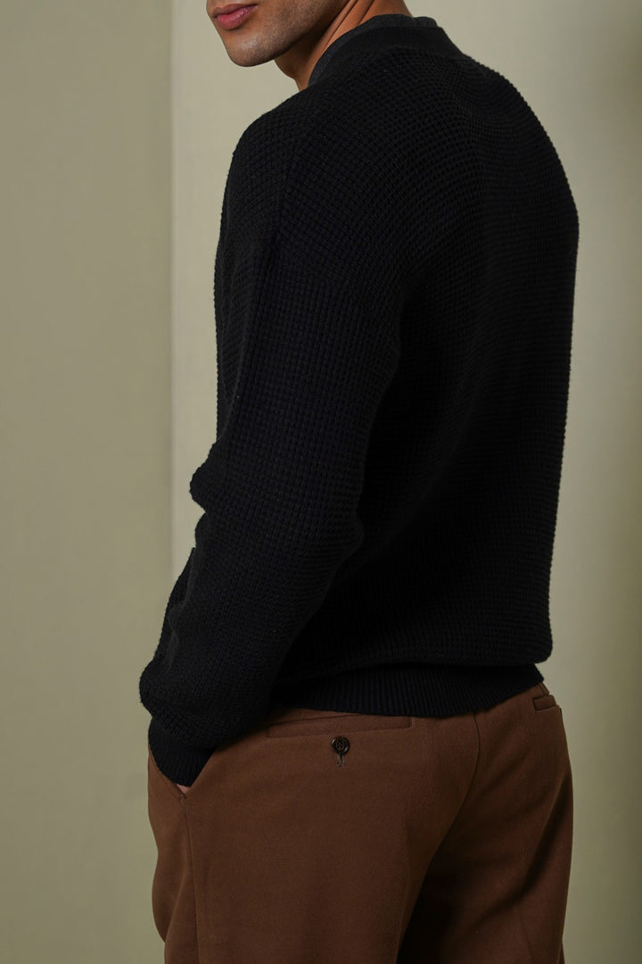 BLACK WAFFLE KNIT CARDIGAN