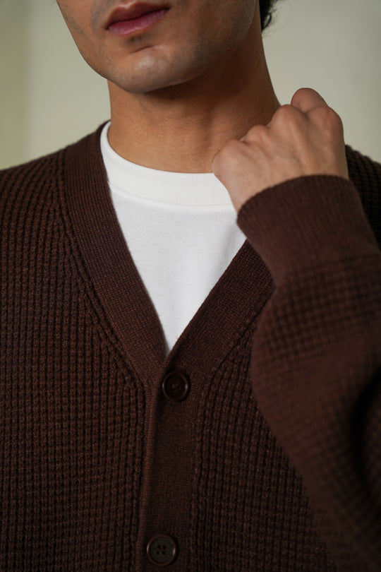 BROWN WAFFLE KNIT CARDIGAN