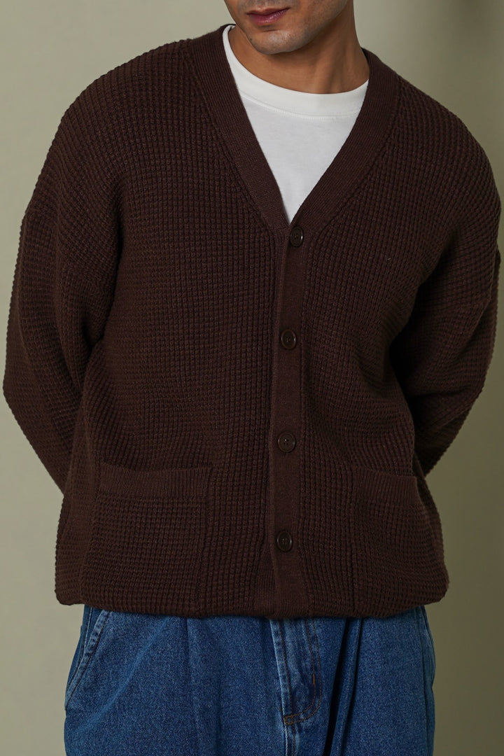 BROWN WAFFLE KNIT CARDIGAN