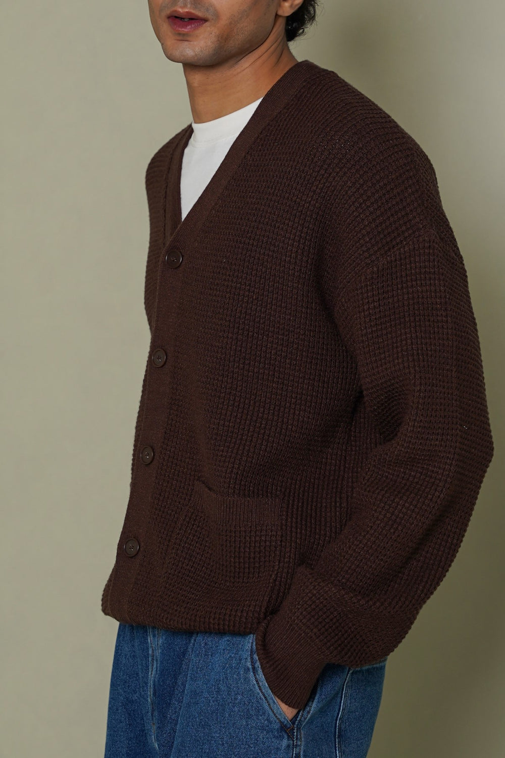BROWN WAFFLE KNIT CARDIGAN
