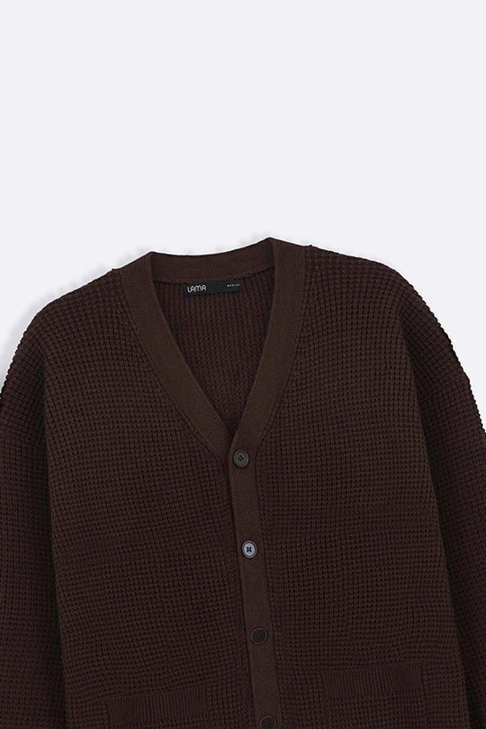 BROWN WAFFLE KNIT CARDIGAN