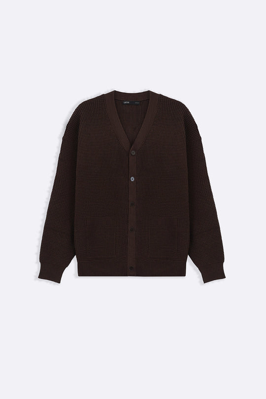 BROWN WAFFLE KNIT CARDIGAN