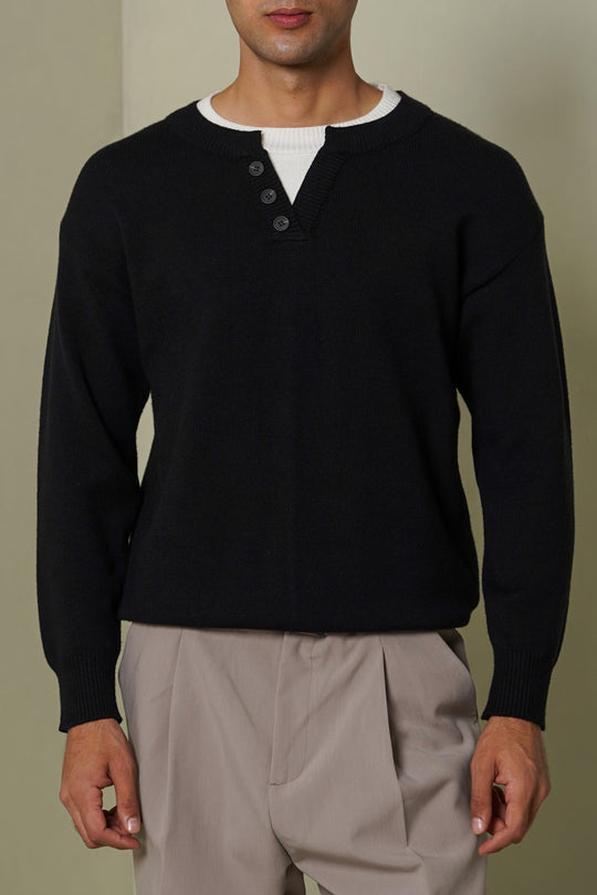 BLACK CAMPUS HENLEY SWEATER