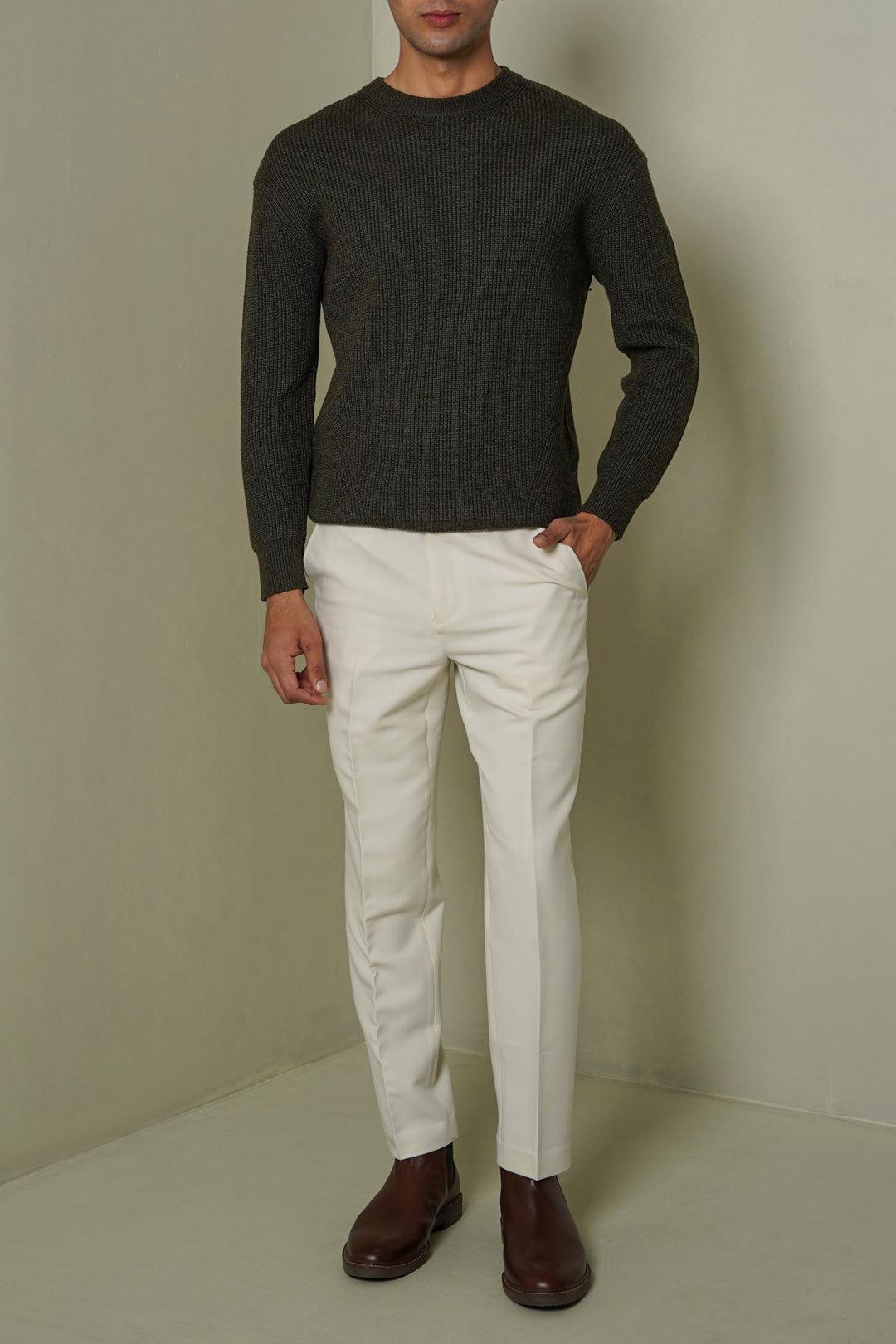 MELANGE OLIVE CLASSIC CREWNECK SWEATER