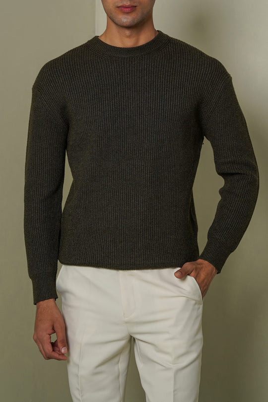 MELANGE OLIVE CLASSIC CREWNECK SWEATER
