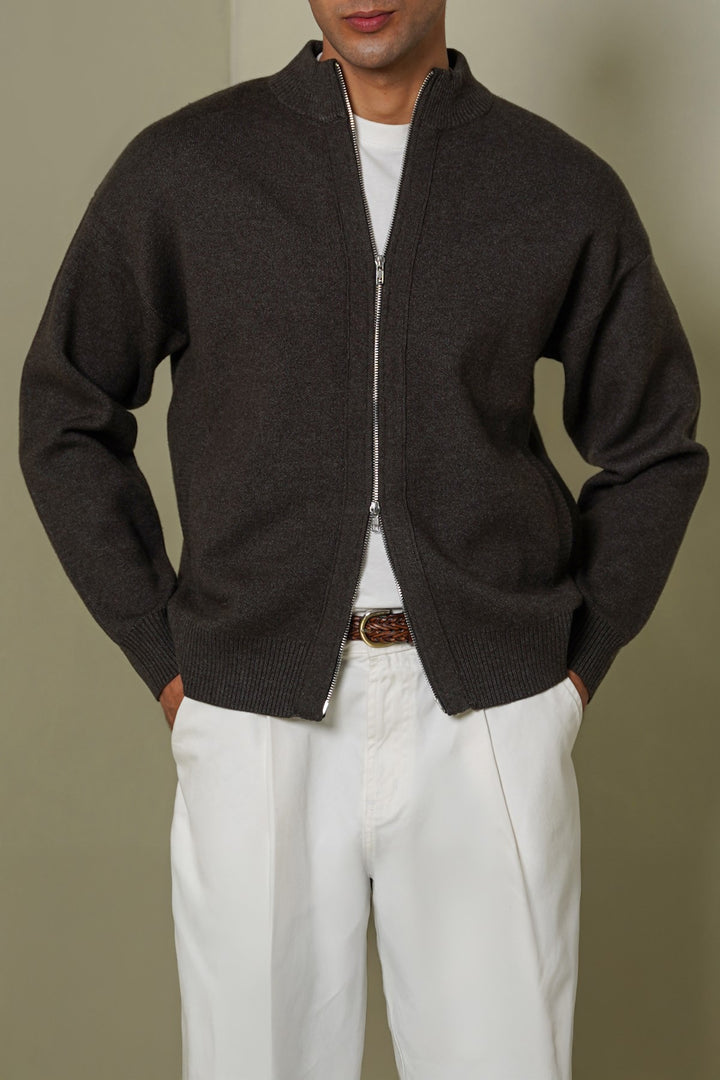 MELANGE CHARCOAL ZIP-UP CARDIGAN