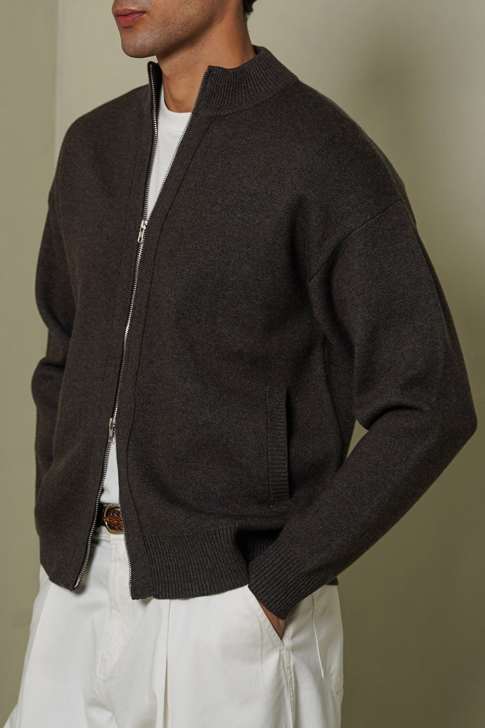 MELANGE CHARCOAL ZIP-UP CARDIGAN