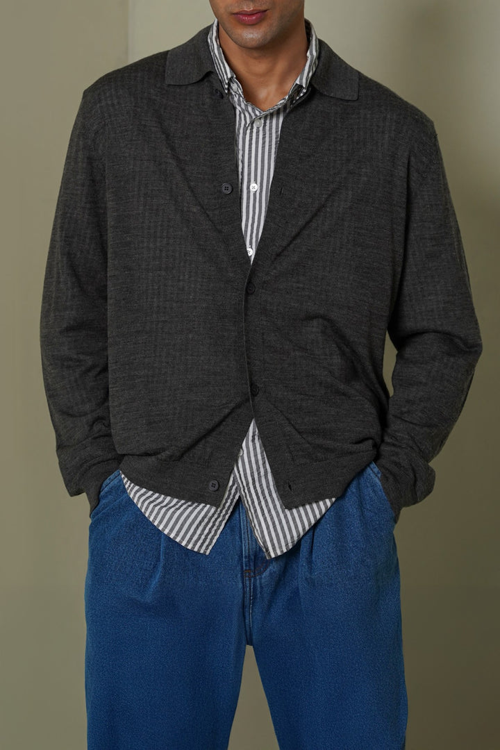 CHARCOAL BUTTON-DOWN CARDIGAN