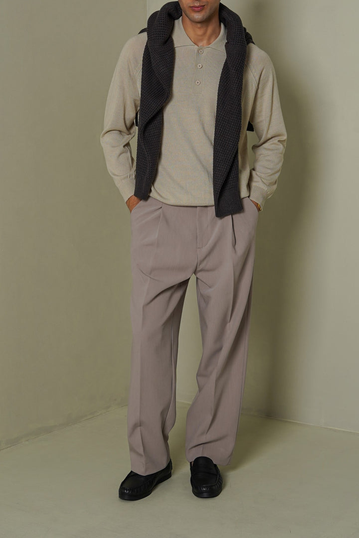 BEIGE WOOL BLEND POLO SWEATER