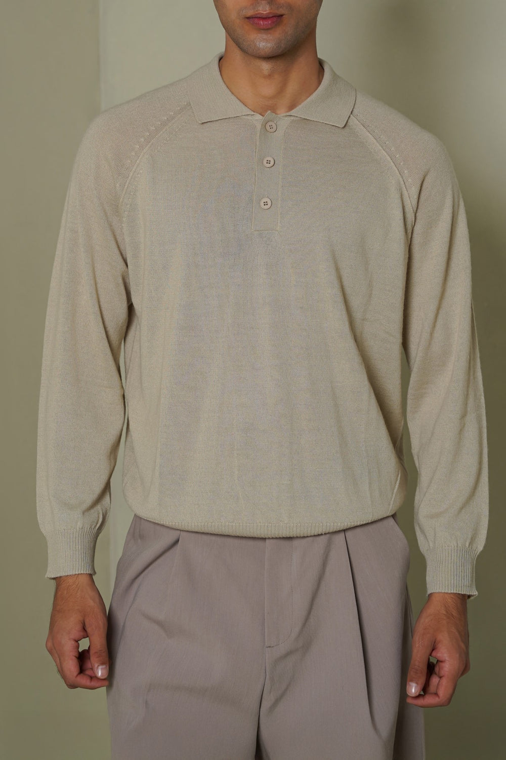 BEIGE WOOL BLEND POLO SWEATER