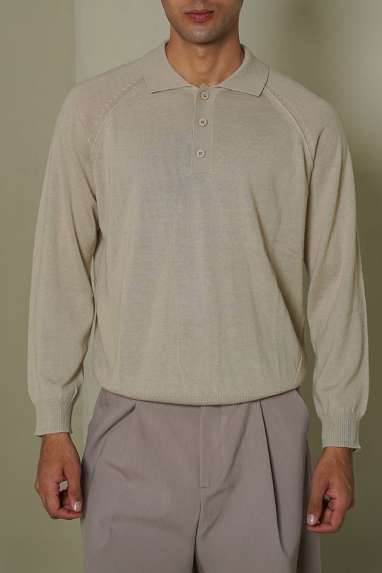 BEIGE WOOL BLEND POLO SWEATER