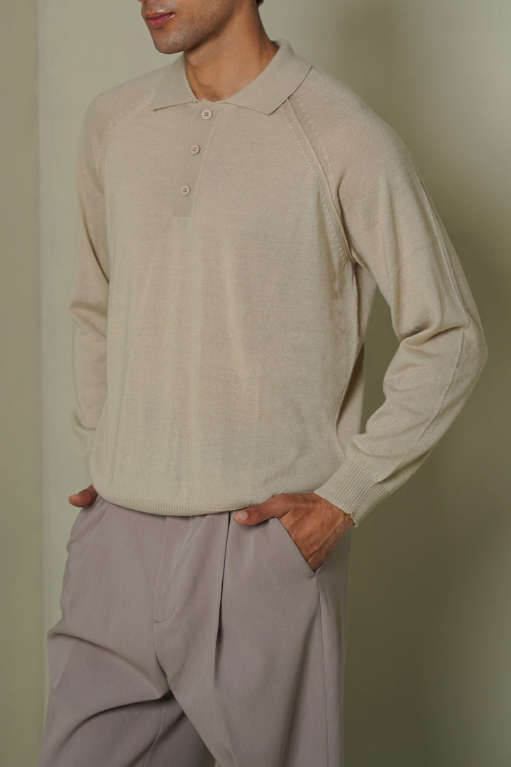 BEIGE WOOL BLEND POLO SWEATER
