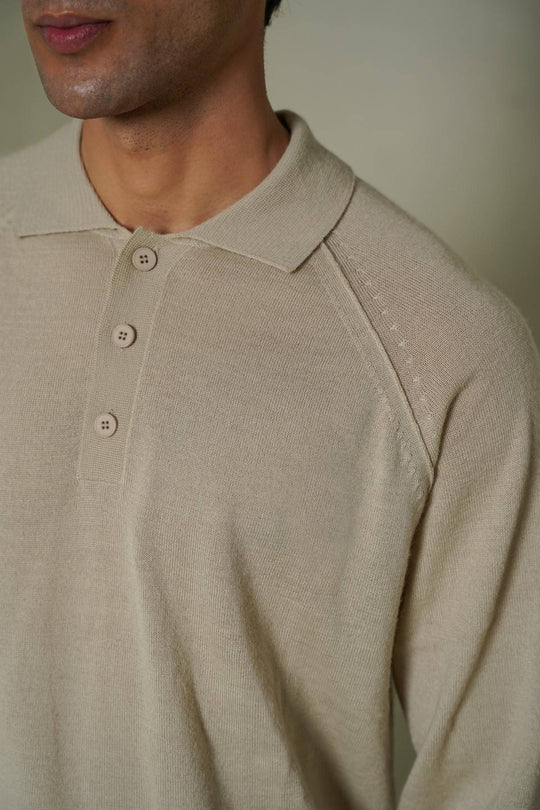 BEIGE WOOL BLEND POLO SWEATER