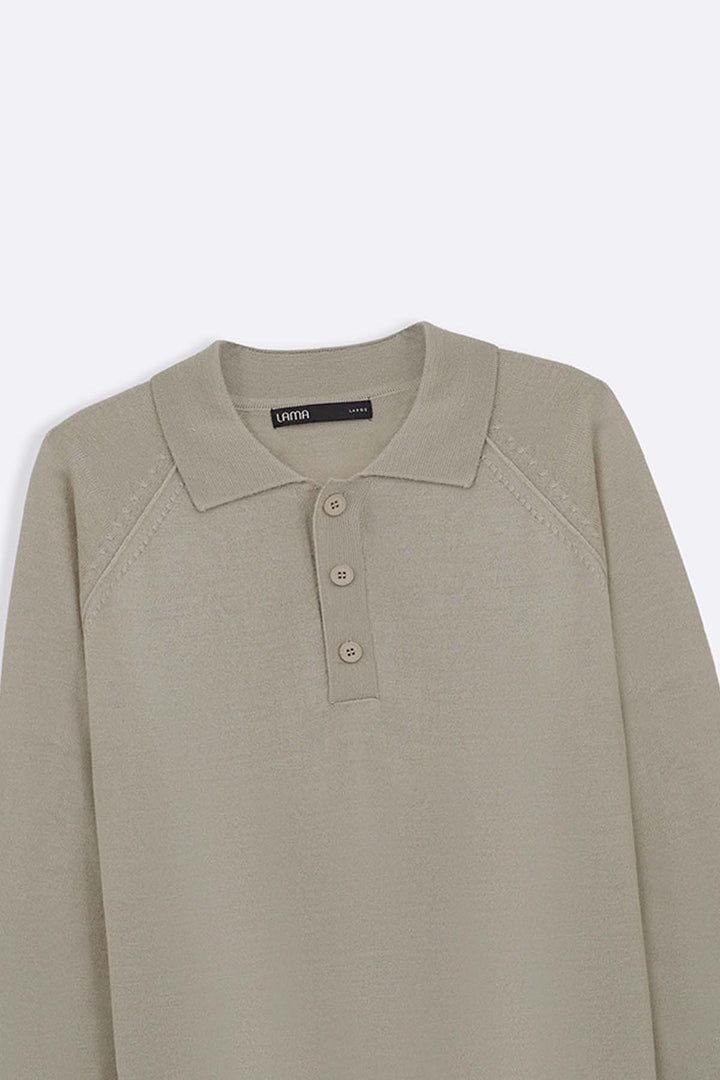 BEIGE WOOL BLEND POLO SWEATER