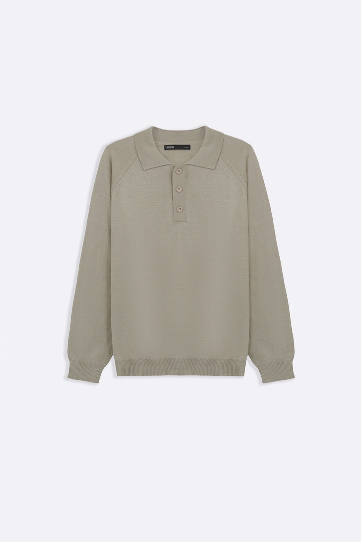 BEIGE WOOL BLEND POLO SWEATER