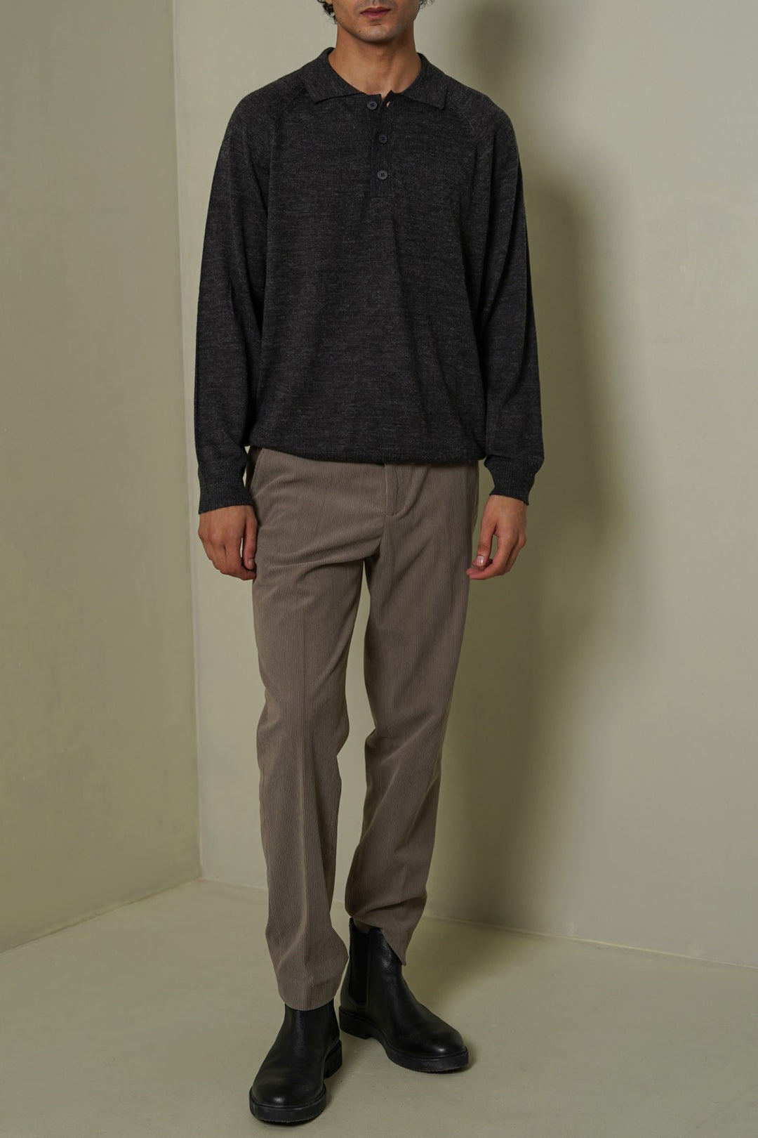 GREY WOOL BLEND POLO SWEATER