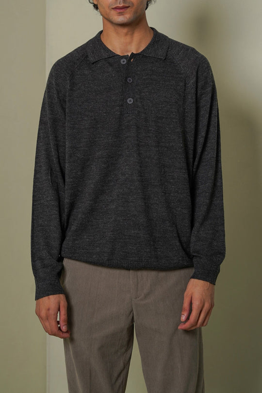 GREY WOOL BLEND POLO SWEATER