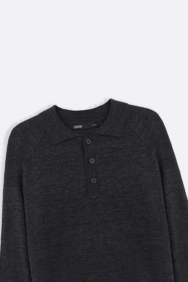 GREY WOOL BLEND POLO SWEATER