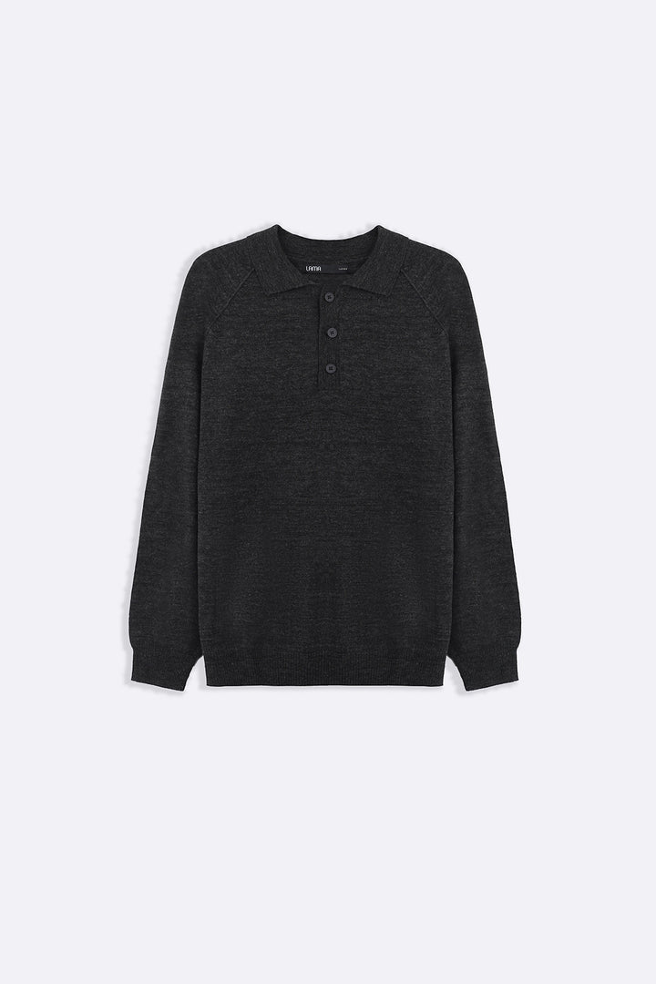 GREY WOOL BLEND POLO SWEATER