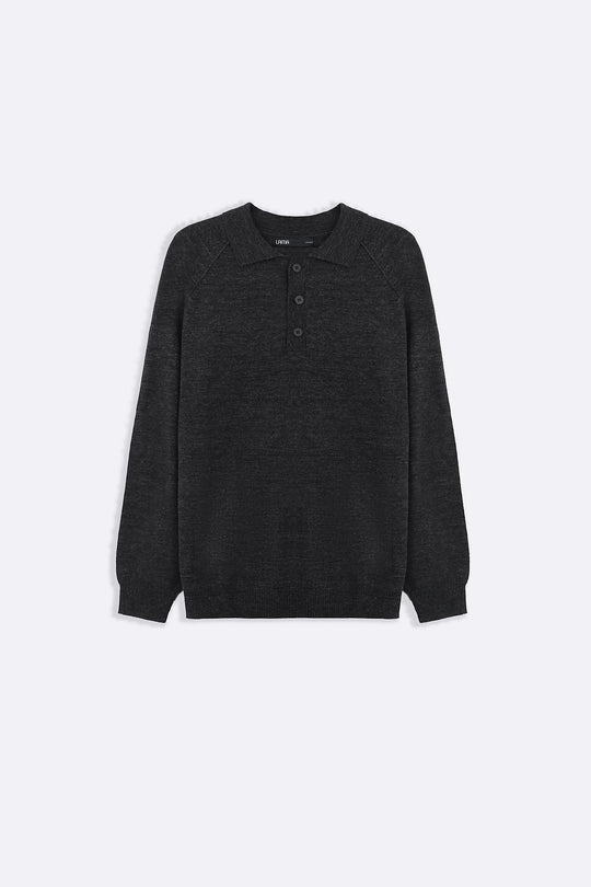 GREY WOOL BLEND POLO SWEATER