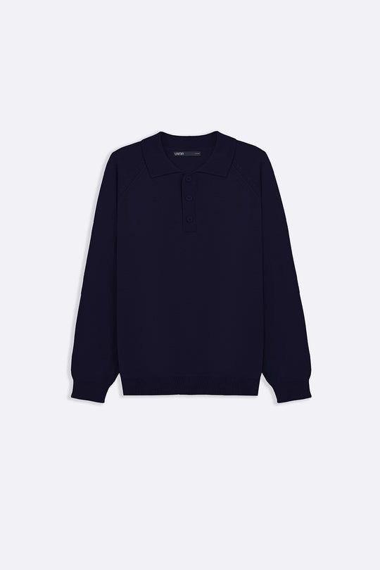 NAVY WOOL BLEND POLO SWEATER