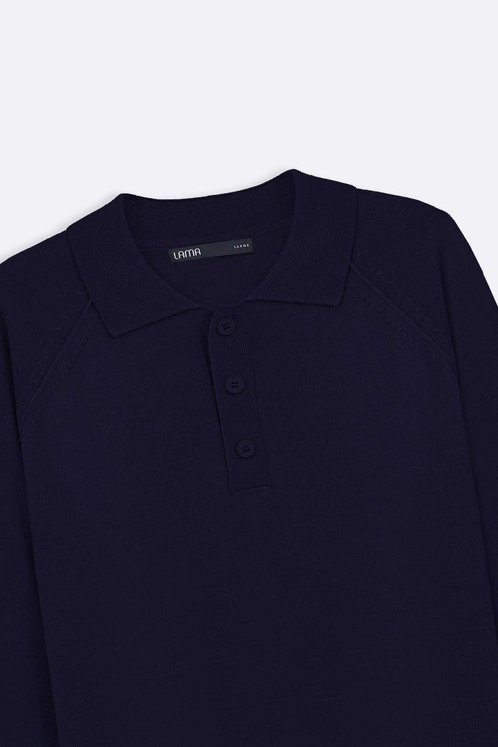 NAVY WOOL BLEND POLO SWEATER