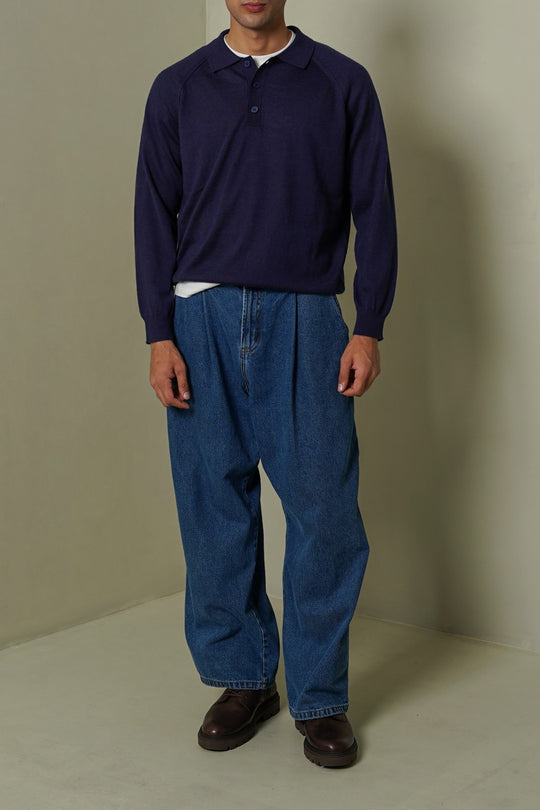 NAVY WOOL BLEND POLO SWEATER