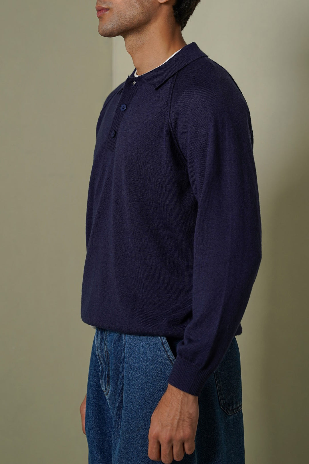 NAVY WOOL BLEND POLO SWEATER