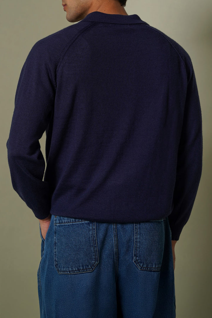 NAVY WOOL BLEND POLO SWEATER