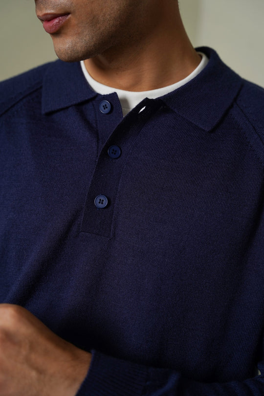 NAVY WOOL BLEND POLO SWEATER