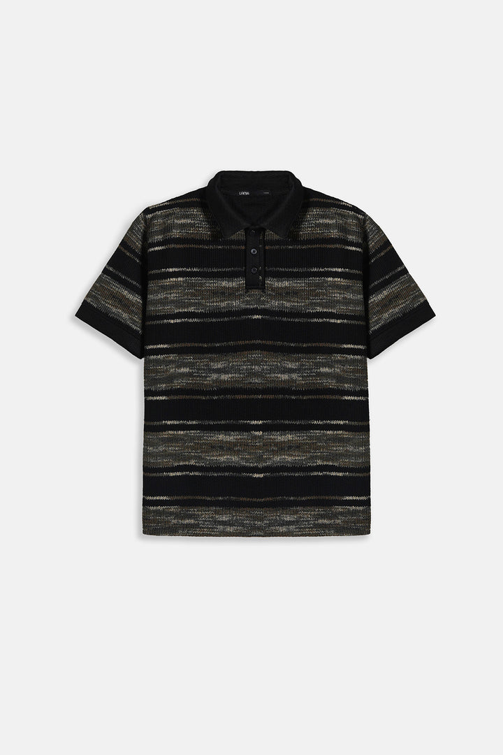 BLACK STRIPED HEAVY TEXTURED POLO