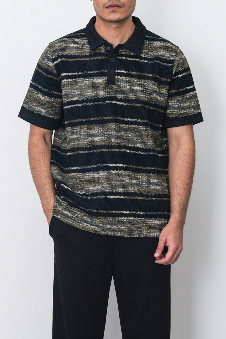 BLACK STRIPED HEAVY TEXTURED POLO