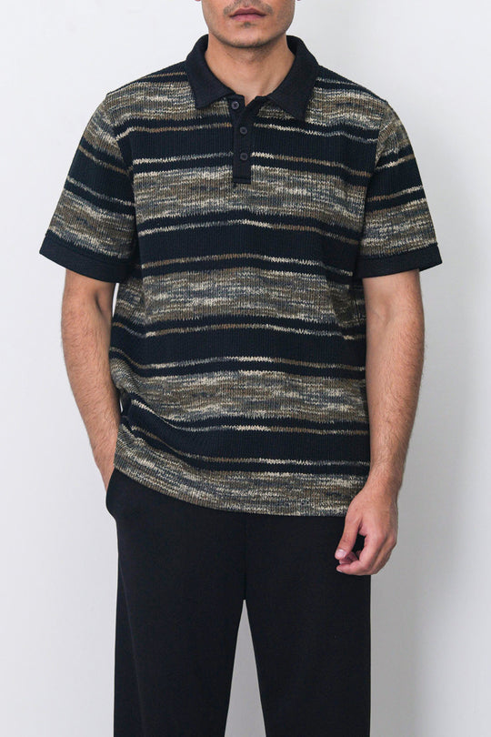 BLACK STRIPED HEAVY TEXTURED POLO