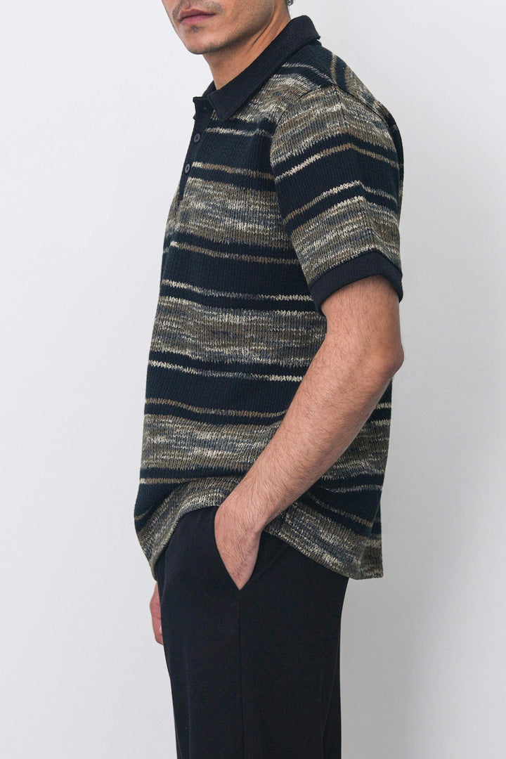 BLACK STRIPED HEAVY TEXTURED POLO