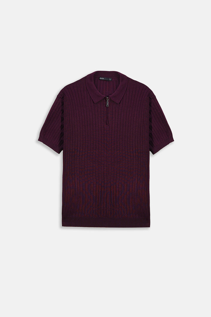 MAROON RIBBED ZIPPER POLO