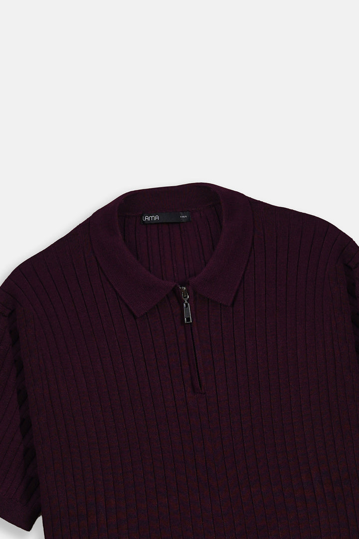 MAROON RIBBED ZIPPER POLO