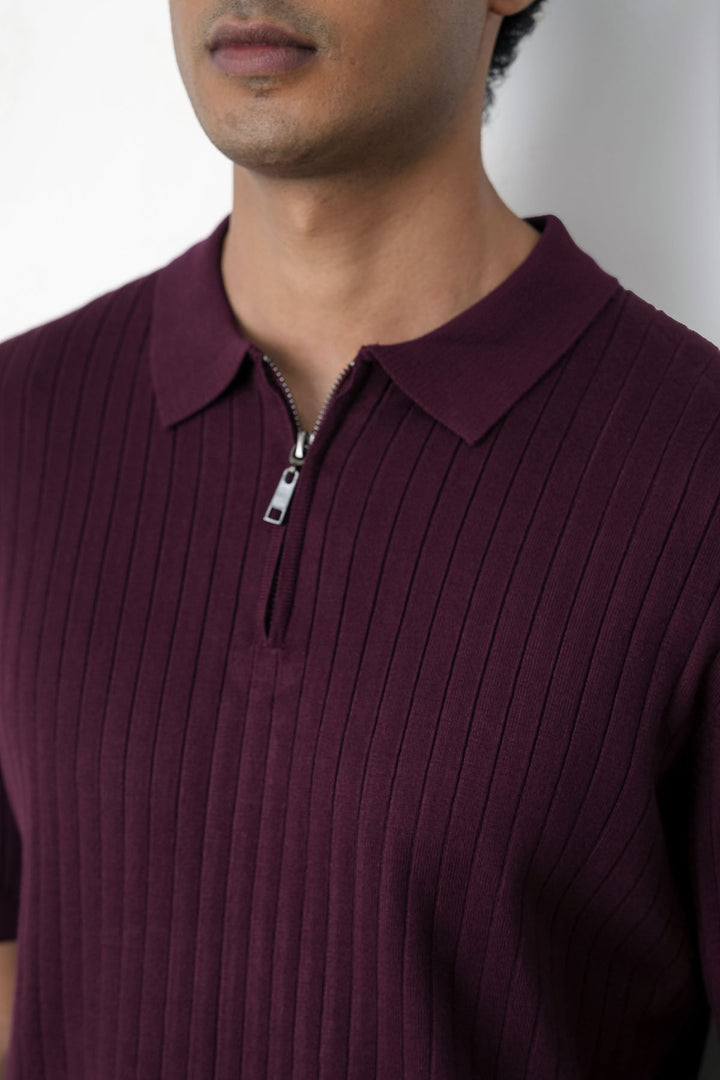 MAROON RIBBED ZIPPER POLO