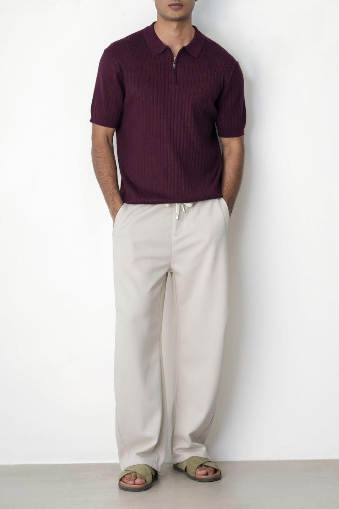 MAROON RIBBED ZIPPER POLO