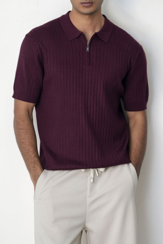 MAROON RIBBED ZIPPER POLO