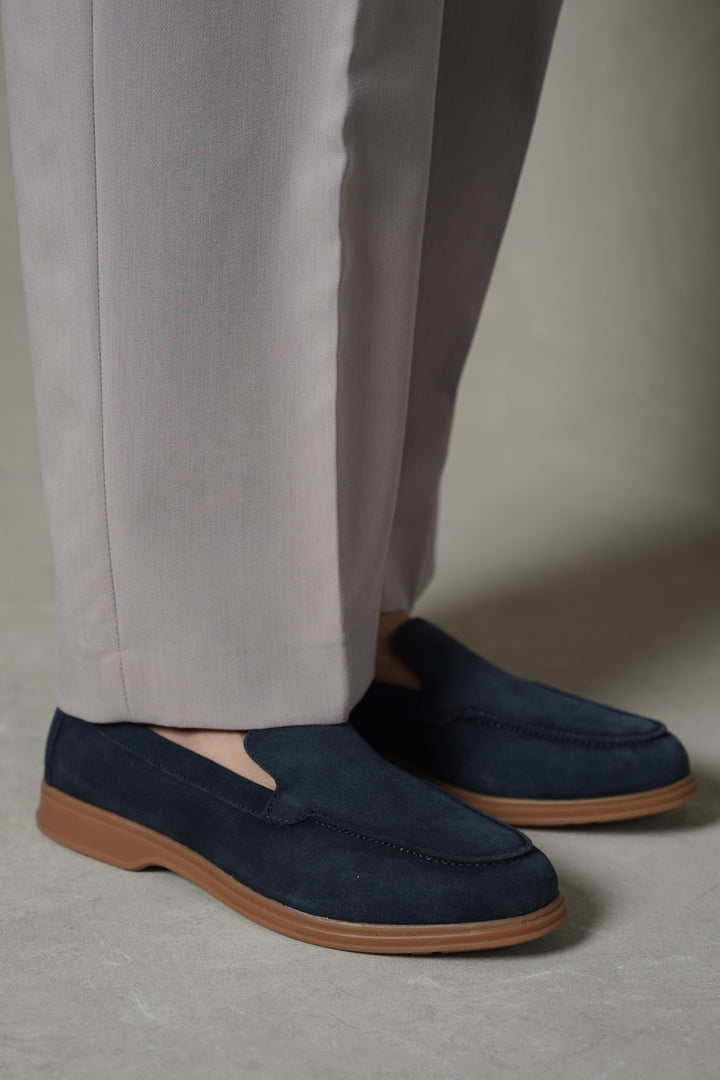 NAVY SUEDE LEATHER SLIP ON LOAFERS