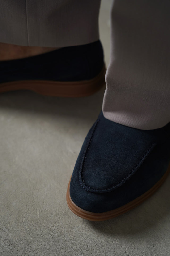 NAVY SUEDE LEATHER SLIP ON LOAFERS