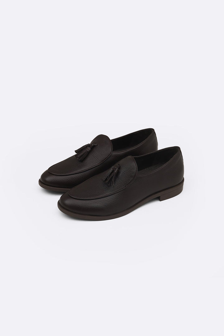 DARK BROWN GRAINED LEATHER TASSEL LOAFERS