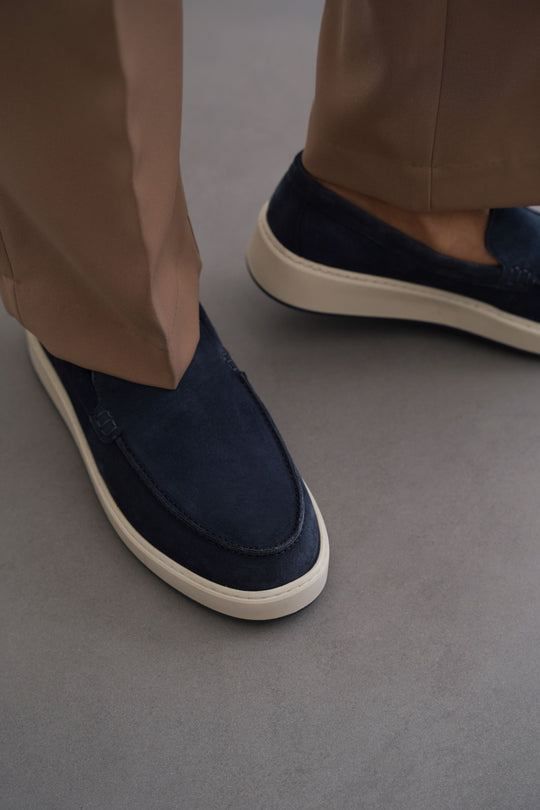 NAVY SUEDE LEATHER SLIP ON LOAFERS