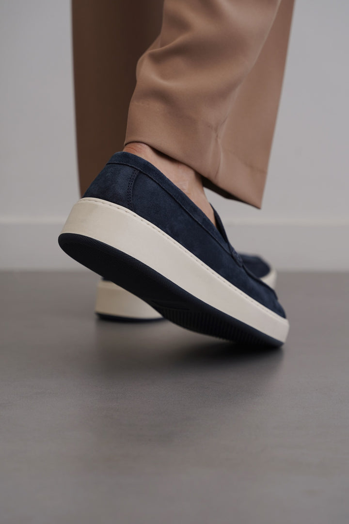 NAVY SUEDE LEATHER SLIP ON LOAFERS