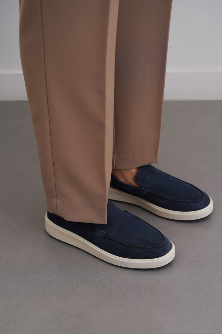 NAVY SUEDE LEATHER SLIP ON LOAFERS