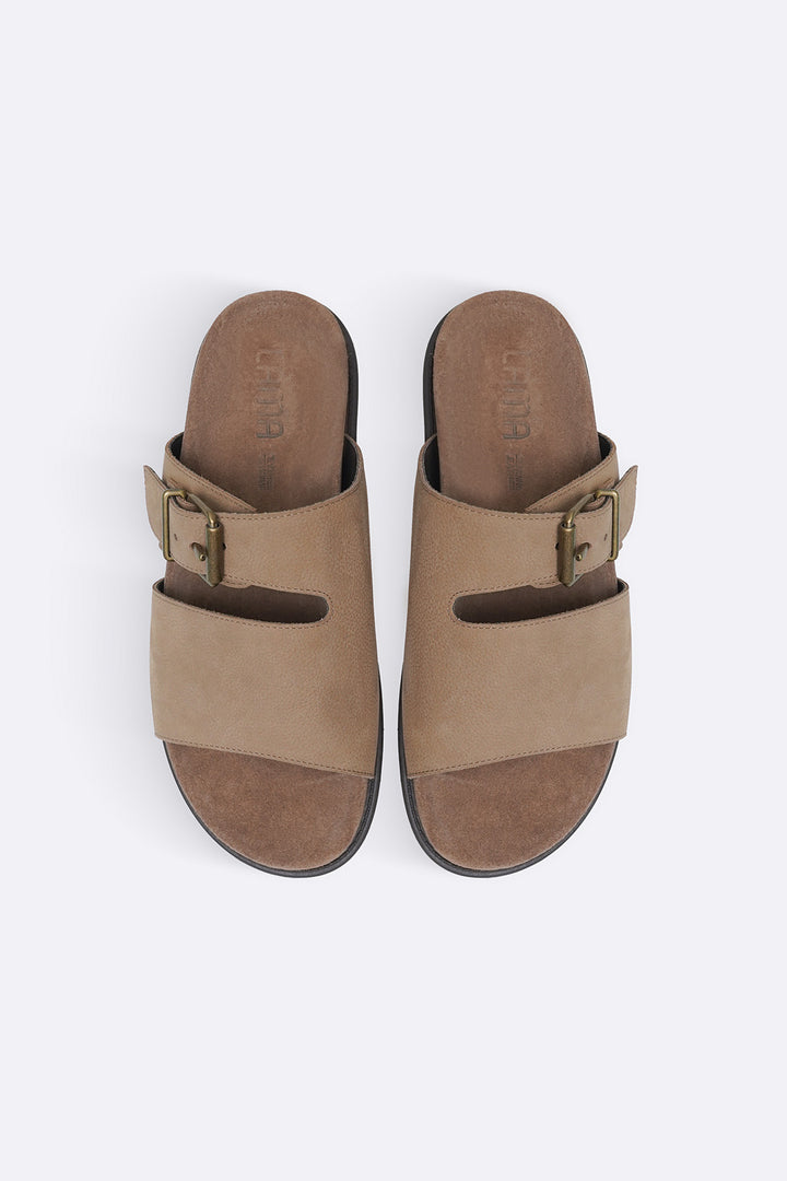 TAUPE CLASSIC LEATHER SLIDES