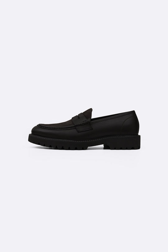 BLACK LEATHER & SUEDE PENNY LOAFERS