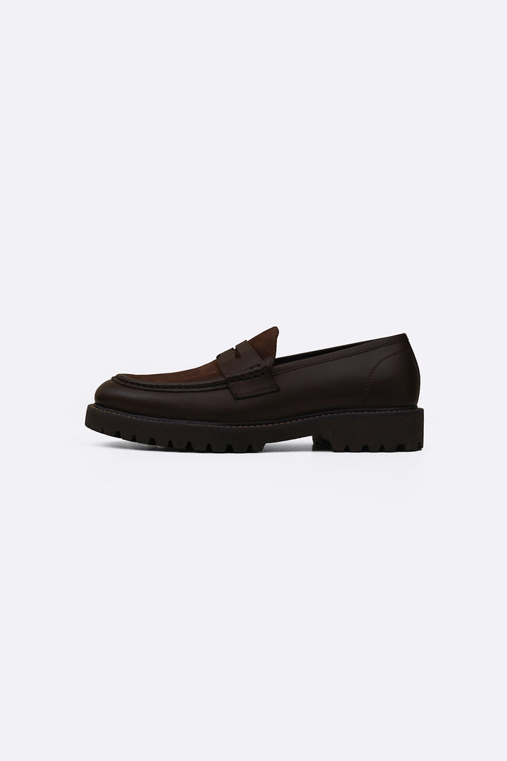 DARK BROWN LEATHER & SUEDE PENNY LOAFERS