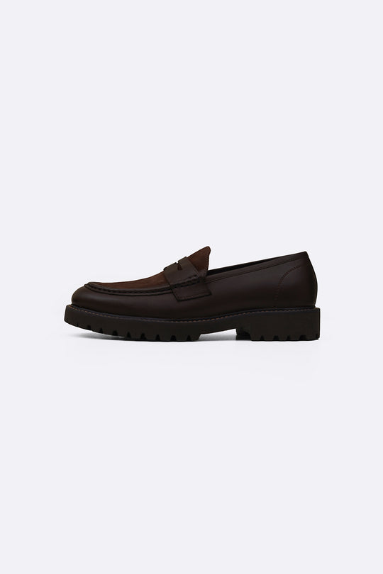 DARK BROWN LEATHER & SUEDE PENNY LOAFERS